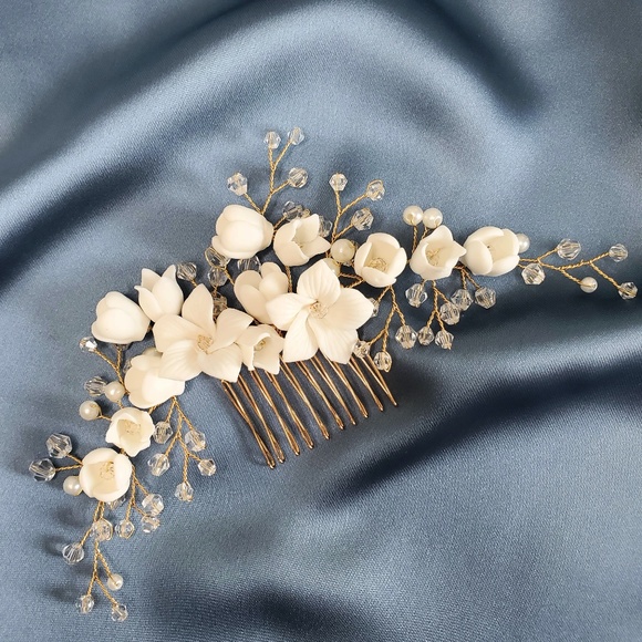 NEW Ceramic Floral comb Bridal gold headpiece